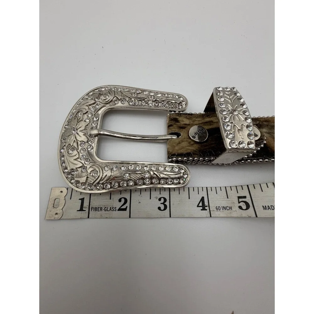 BHW Western Camo Hair on‎ Hide Rhinestone Studded Belt Silver Buckle Size M